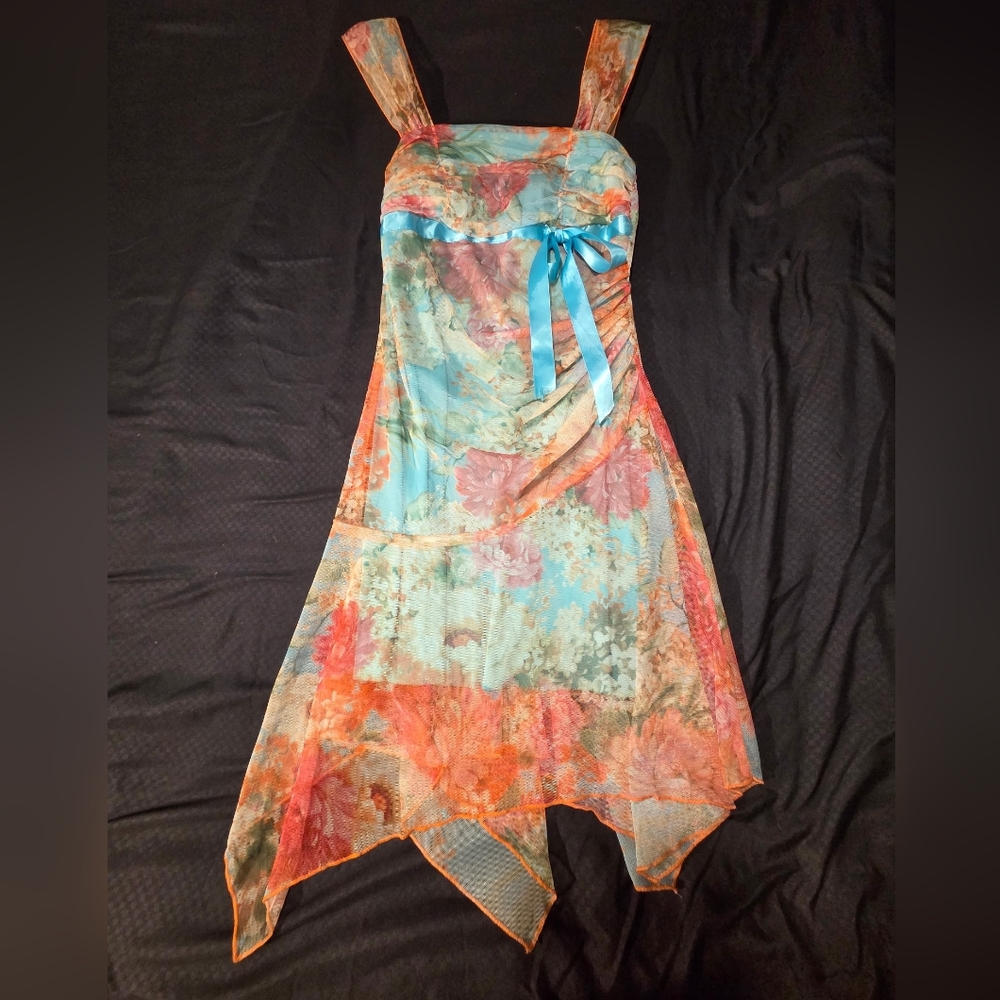 XOXO Asymmetrical Dress - Blue and Orange Floral